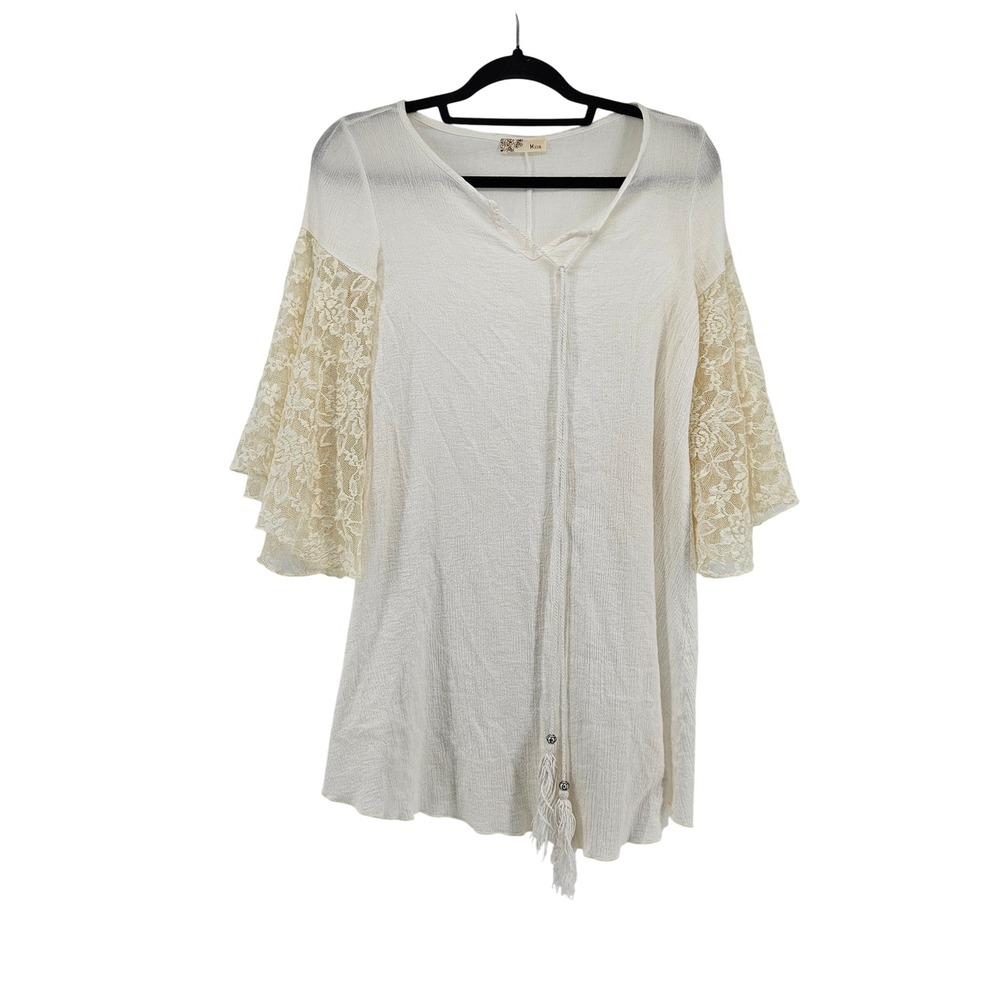 Ivory Cotton Gauze Boho Tunic Top Lace Bell Sleeve Tassel Fairy Flowy Small